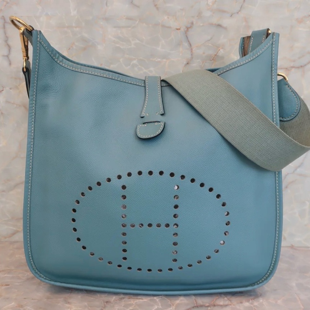 Authentic HERMES EVELYNE GM I generation blue jean clemence leather